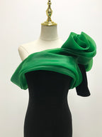 One-Shoulder Black Evening Gown with Emerald Green Organza Ruffles