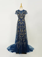 Navy Blue Gown with Gold Branch Embroidery | Short Sleeve Tulle Train Dress for Arabic Weddings & Royal Galas