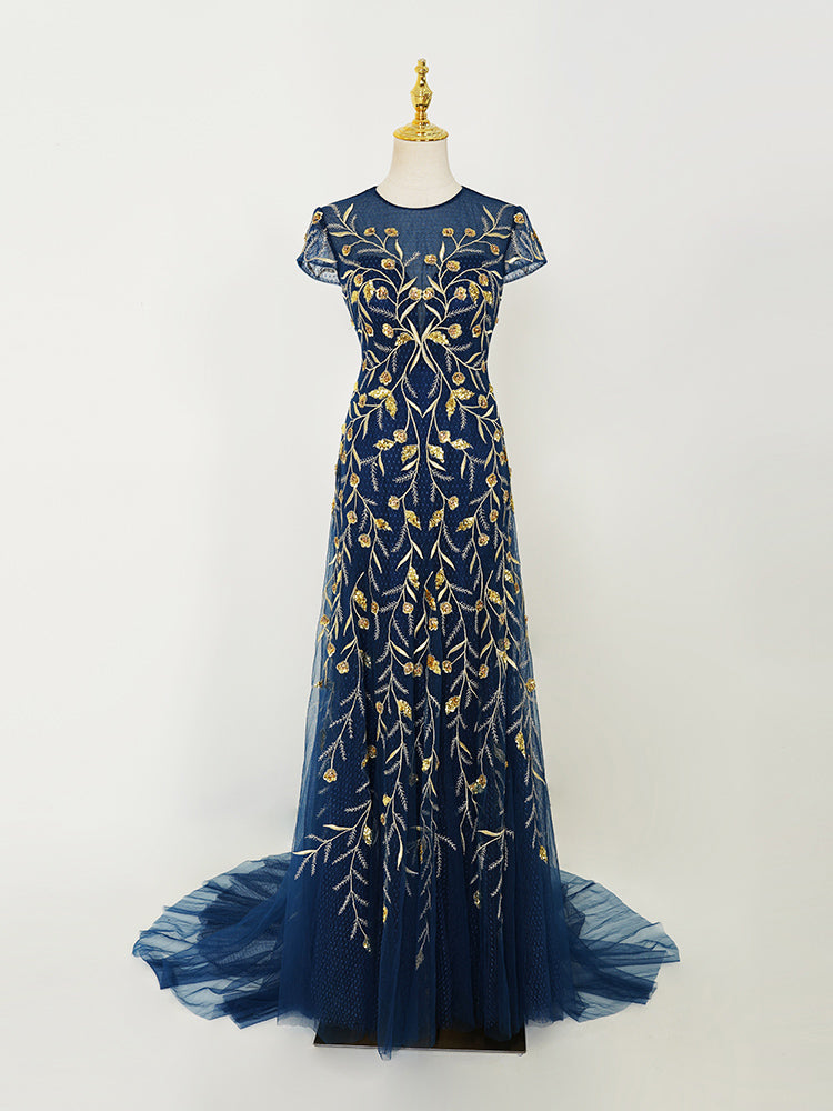 Navy Blue Gown with Gold Branch Embroidery | Short Sleeve Tulle Train Dress for Arabic Weddings & Royal Galas