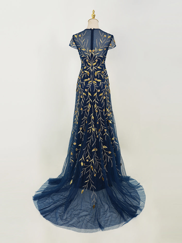 Navy Blue Gown with Gold Branch Embroidery | Short Sleeve Tulle Train Dress for Arabic Weddings & Royal Galas