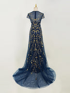 Navy Blue Gown with Gold Branch Embroidery | Short Sleeve Tulle Train Dress for Arabic Weddings & Royal Galas