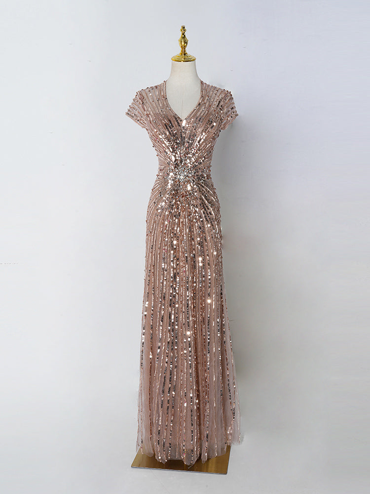 Luxury Rose Gold Formal Gown | Full Sequin Embellishment & Slim-Fit Design for Middle Eastern Engagement Parties
