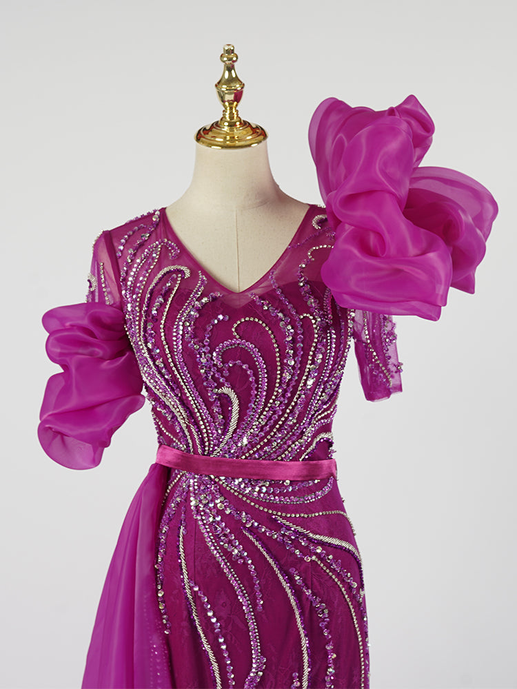 Deep Magenta Mermaid Gown - Puffy Organza Sleeves & Hand-Beaded Wave Pattern