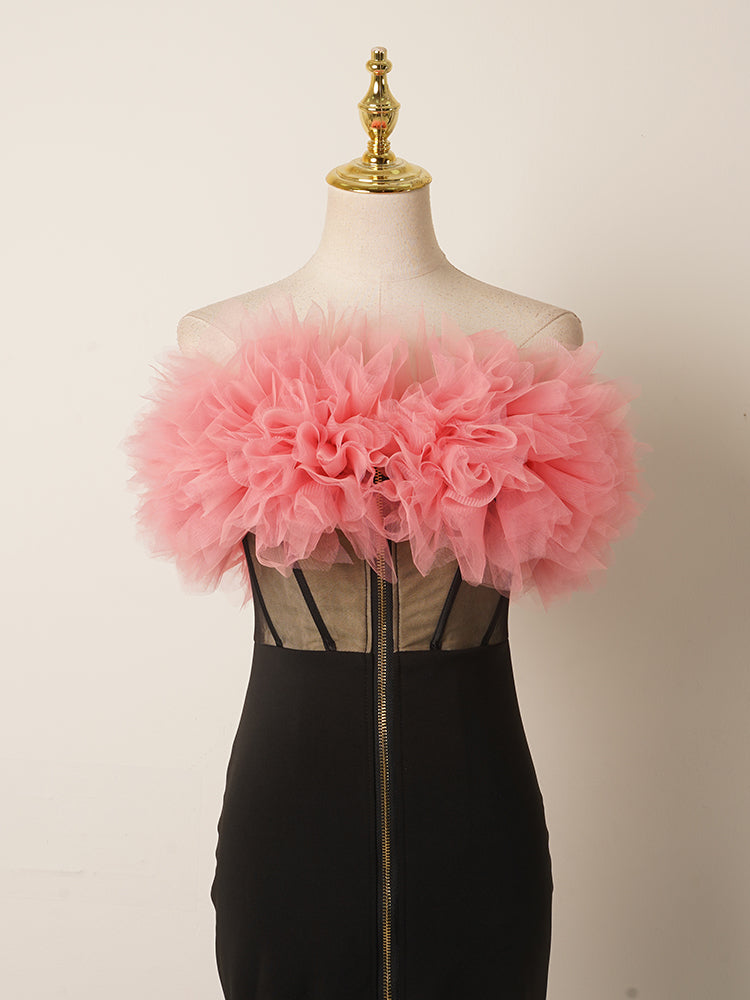 Pink & Black Off-the-Shoulder Gown | Tulle Puff Shoulder Slim-Fit Maxi Dress for Evening Parties