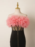 Pink & Black Off-the-Shoulder Gown | Tulle Puff Shoulder Slim-Fit Maxi Dress for Evening Parties