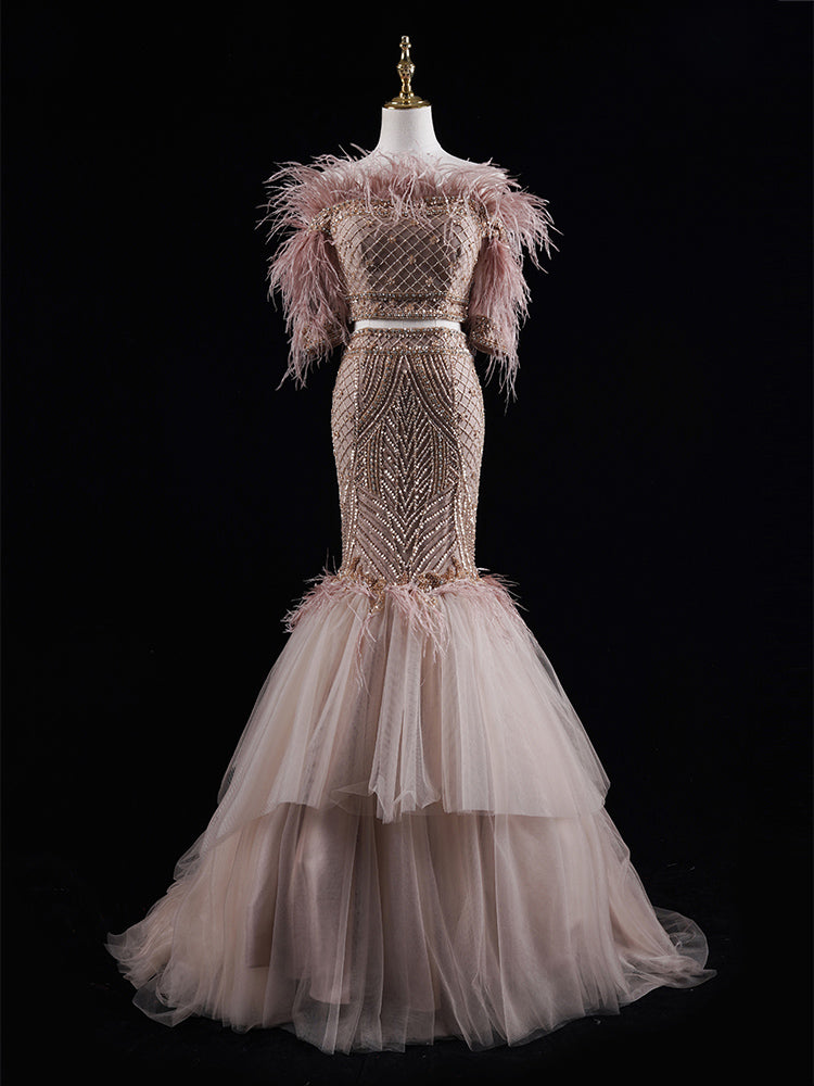 Royal Blue Mermaid Gown - Off-Shoulder Beaded Bodice & Feather-Accented Tiered Tulle Train