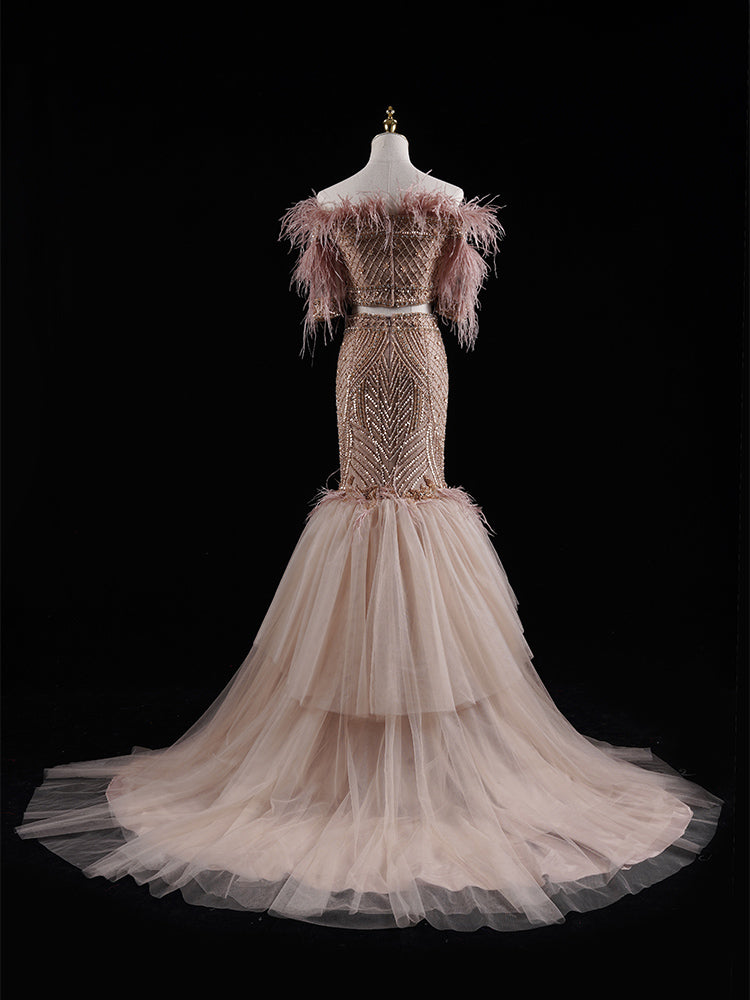 Royal Blue Mermaid Gown - Off-Shoulder Beaded Bodice & Feather-Accented Tiered Tulle Train