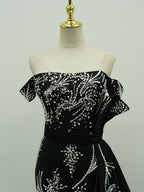Black Off-Shoulder Mermaid Gown | Silver Crystal Plant-Pattern Formal Evening Dress with Train
