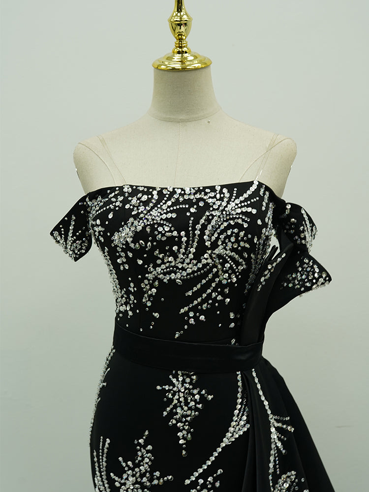 Black Off-Shoulder Mermaid Gown | Silver Crystal Plant-Pattern Formal Evening Dress with Train