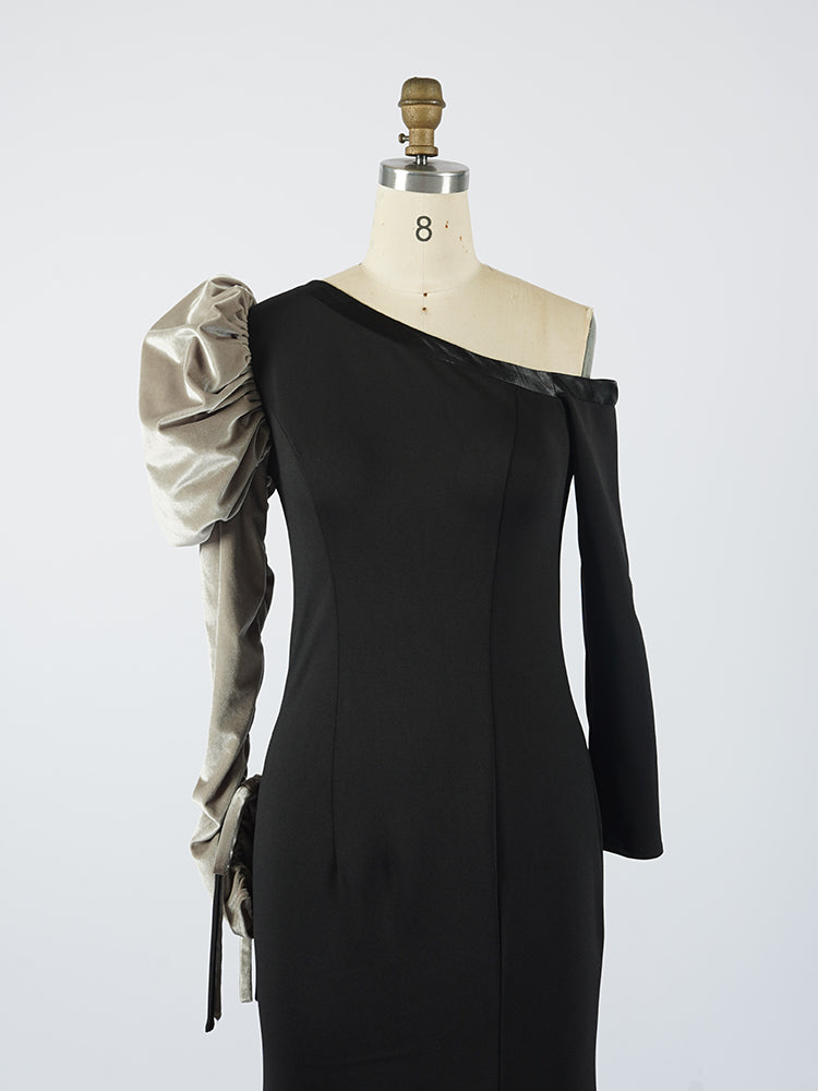 Black Mermaid Gown with Contrast Puff Sleeve | Elegant Formal Evening Dress for Gala