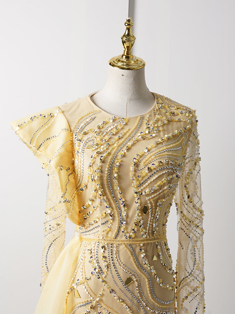 Champagne Gold Mermaid Gown - Hand-Beaded Wave Pattern & Detachable Tulle Train