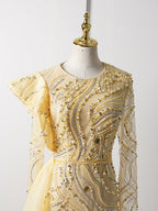 Champagne Gold Mermaid Gown - Hand-Beaded Wave Pattern & Detachable Tulle Train