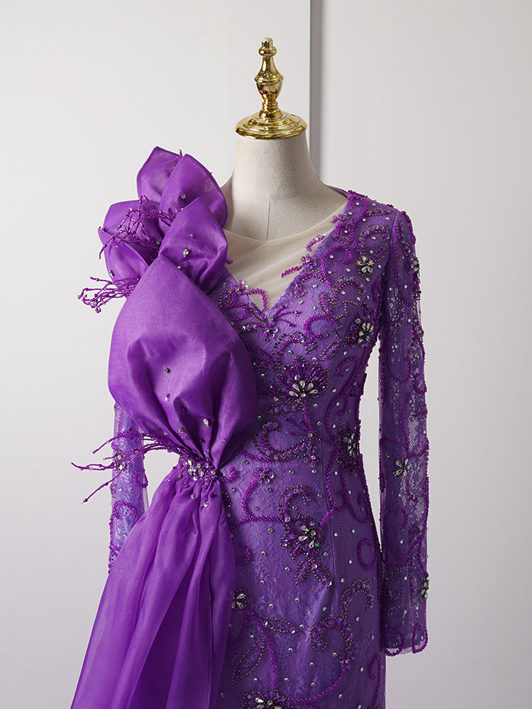 Deep Purple Formal Gown - Oversized Satin Bow & Hand-Embellished Floral Beading