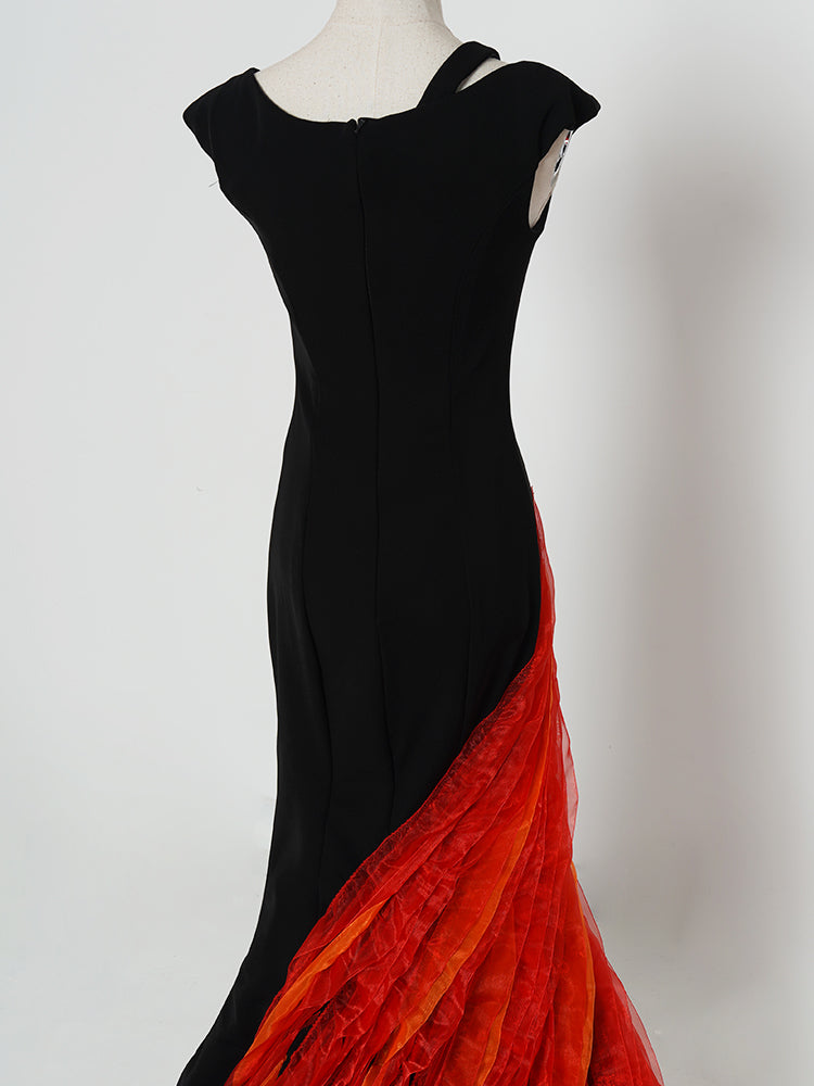 Black & Flame Red Mermaid Gown - Asymmetrical Cutout Bodice & Fire-Print Tulle Train