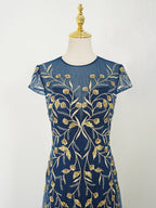 Navy Blue Gown with Gold Branch Embroidery | Short Sleeve Tulle Train Dress for Arabic Weddings & Royal Galas
