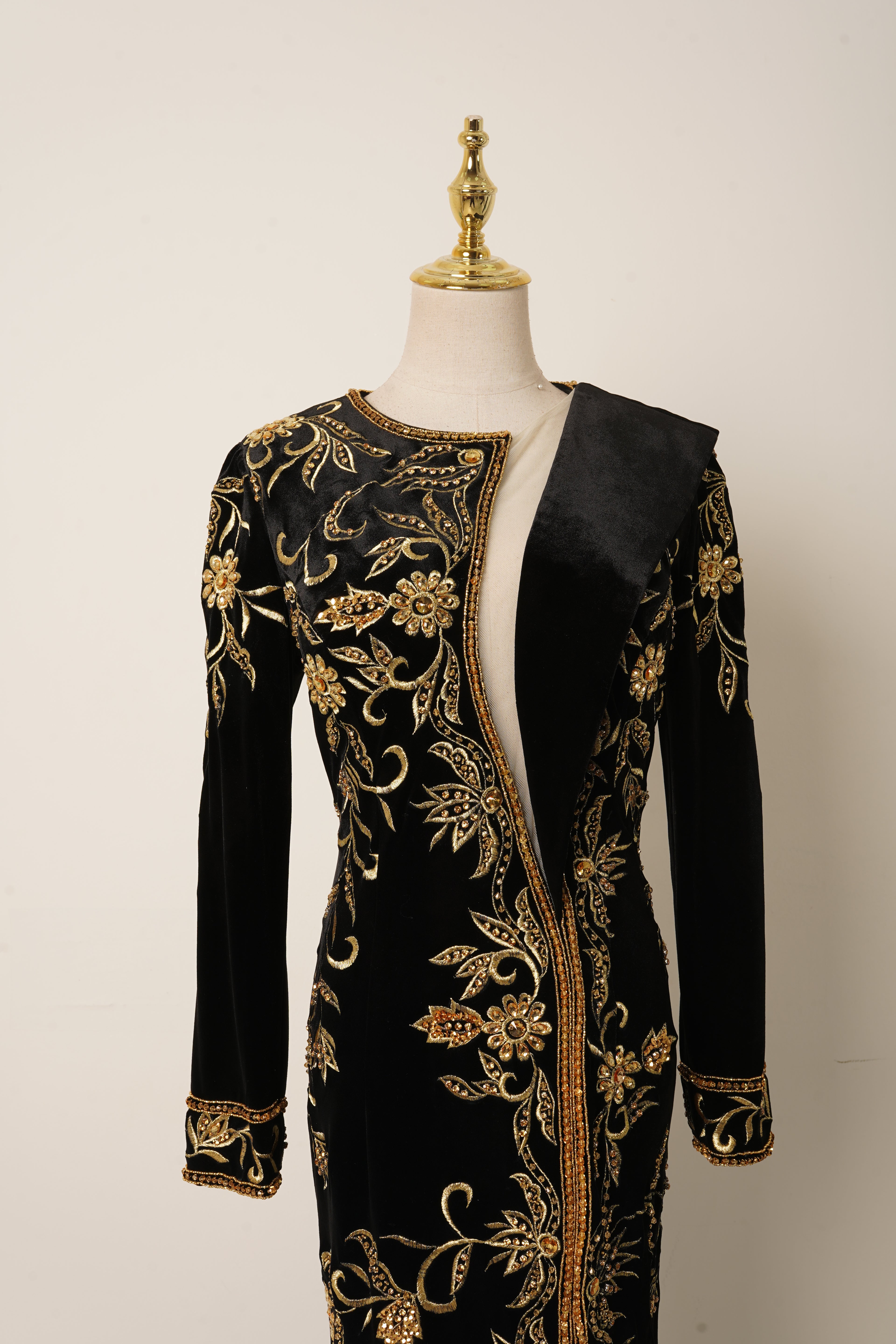 Black Velvet Gold Embroidered Long Sleeve Evening Gown