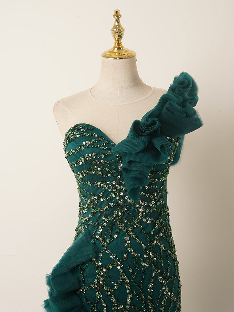 Emerald Green One-Shoulder Gown - Full Beaded Bodice & Ruffled Tulle Train