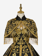 Luxury Black Gold Evening Gown with Hand-Beaded Embroidery and Cape
