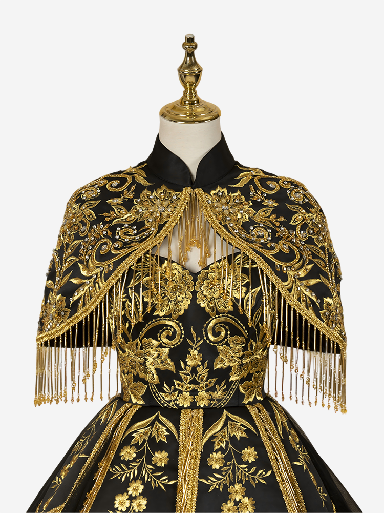 Luxury Black Gold Evening Gown with Hand-Beaded Embroidery and Cape