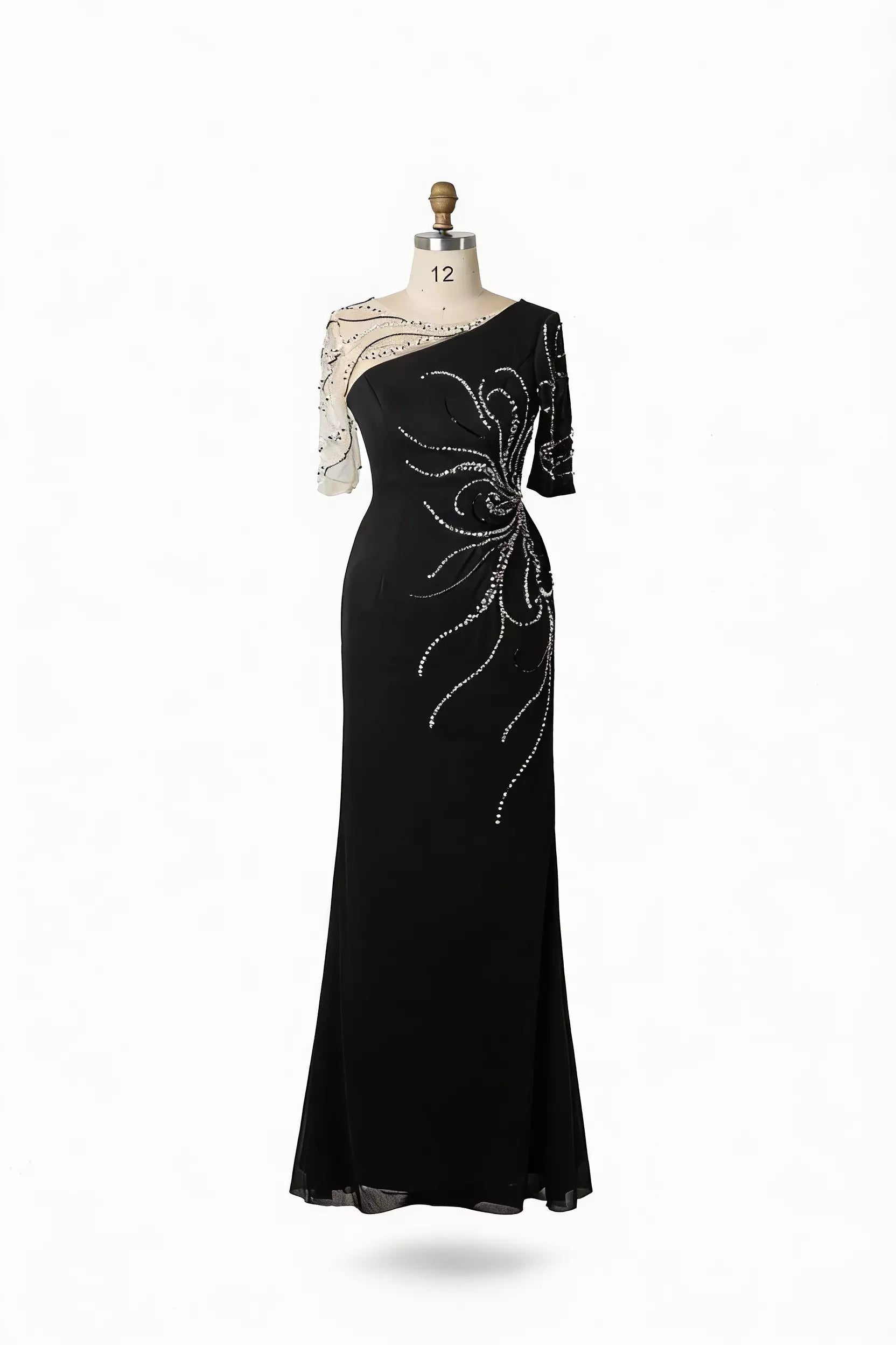 Black One-Shoulder Evening Gown with Crystal Beaded Floral Embroidery – Elegant Formal Party Dress