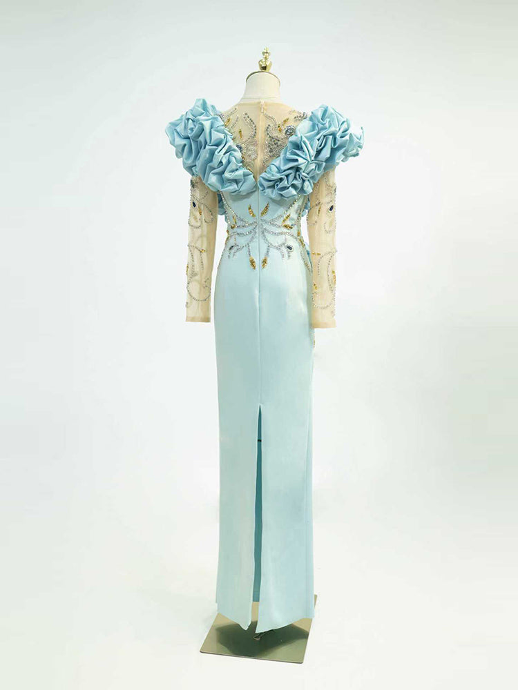 Light Blue Formal Gown - Statement Ruffled Shoulder Accent & Beaded Sheer Sleeves