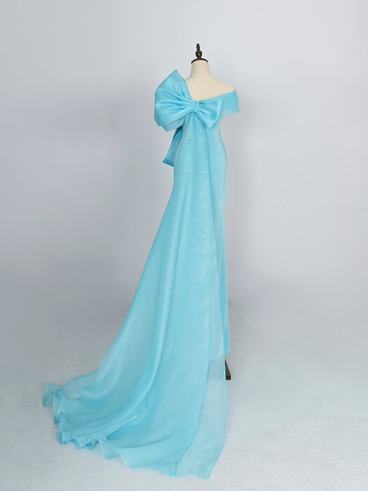 Turquoise One-Shoulder Gown | Oversized Bow & Draped Train for Royal Weddings & Gala Events