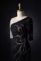Black One-Shoulder Evening Gown with Crystal Beaded Floral Embroidery – Elegant Formal Party Dress